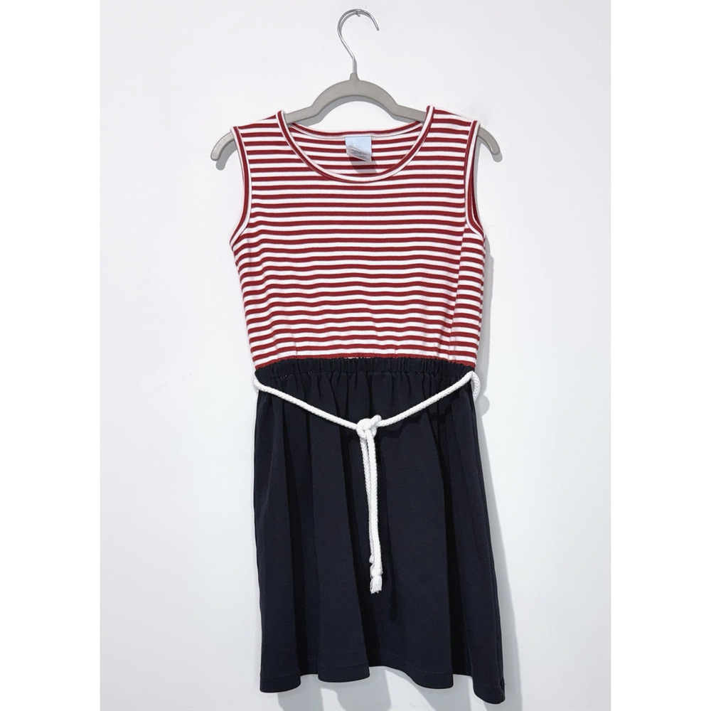 Bella Bliss Girls Dress 10 Cotton Navy White Red Striped Sleeveless Crew Neck